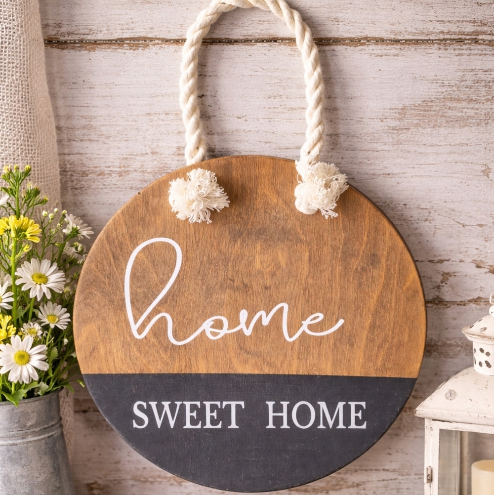 Farmhouse “Home Sweet Home” Wood Sign – 13” Round Wall or Shelf Decor